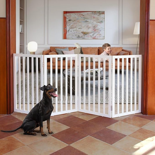 ZJSF Freestanding Indoor Dog Gate for House Foldable Wood White Puppy Gate for Doorways Pet Gate for Stairs Extra Wide Pet Fence 32" Height 4 Panels