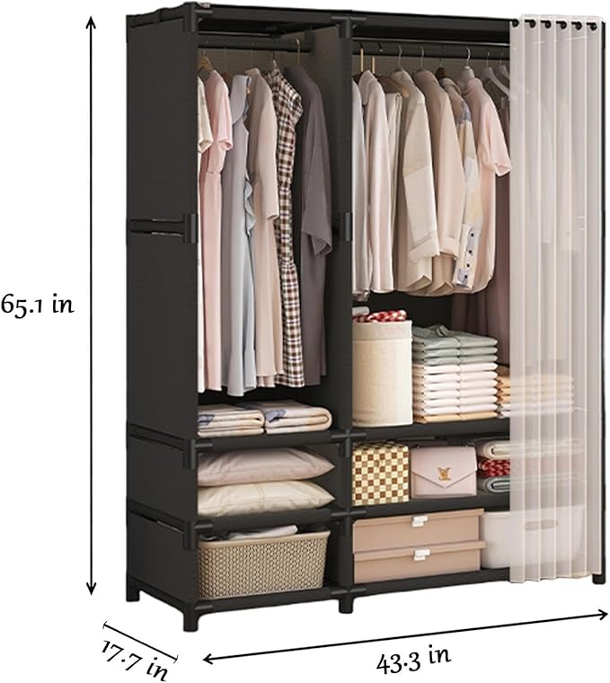 Portable Closet,Portable Closets for Hanging Clothes,Japanese Style Garment Rack with 2 Hanging Rods,6 Storage Shelves,43.3" L x 17.7" W x 65.1" H,Black