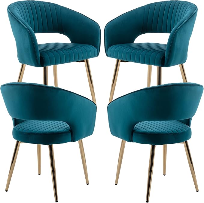 Modern Velvet Dining Chairs Set of 4, Upholstered Gold Dining Chairs with Hollow Back, Dining Room Chairs with Gold Legs, Accent Armrest Kitchen Chairs for Living Room Reception Teal Blue