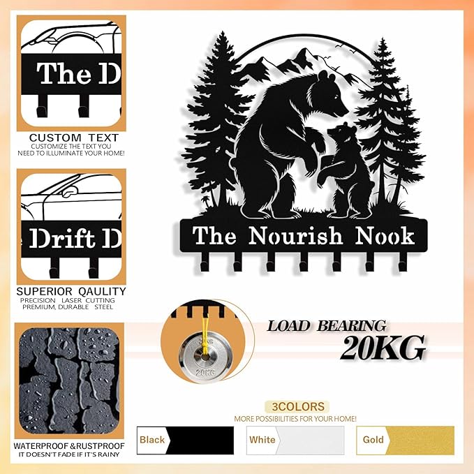 Personalized Bear Forest Key Holder Wall Mount, Custom Metal Key Holder for Wall with Name, Custom Keys Rack Hanger with Hooks for Entryway, Front Door, Hallway, Living Room, Kitchen