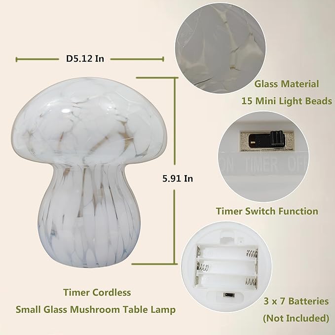 Mushroom Table Lamps Night Lights Cute Glass Nightstand Bedside Desk Lamps for Bedroom Living Study(Bulb Included) - White