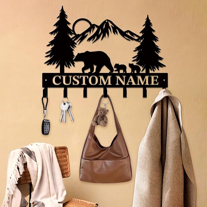 Personalized Custom Name Bear Key Wall Hooks,Metal Bear Keys Clothes Hooks,Metal Bear Wall Home Storage Decorative,For Front Door, Hallway, Kitchen, Bedroom,Keys,Hats (Style I)