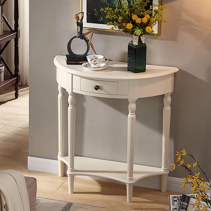 Solid Wood Console Table with Drawer, Semi-Circle Entryway Storage Shelf, Half-Moon Porch Table Side Elegant Vintage Sofa for Living Room (White (39.4" L x 15.7" W x 34.4" H))