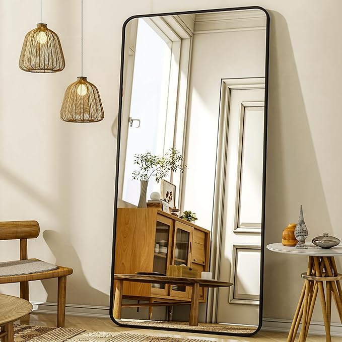 76"x34" Floor Full Length Mirror Standing Full Body Rounded Corner Rectangle Mirrors with Stand Hanging Wall Mounted Leaning Bedroom Living Room Bedroom Cloakroom,Black