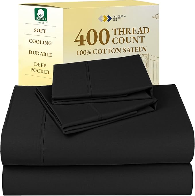 California Design Den Full Size Bed Sheets Set - Soft 400 Thread Count Sateen, Natural 100% Cotton Sheets with Deep Pockets, Breathable, Cooling and Durable Bedding Set - Black