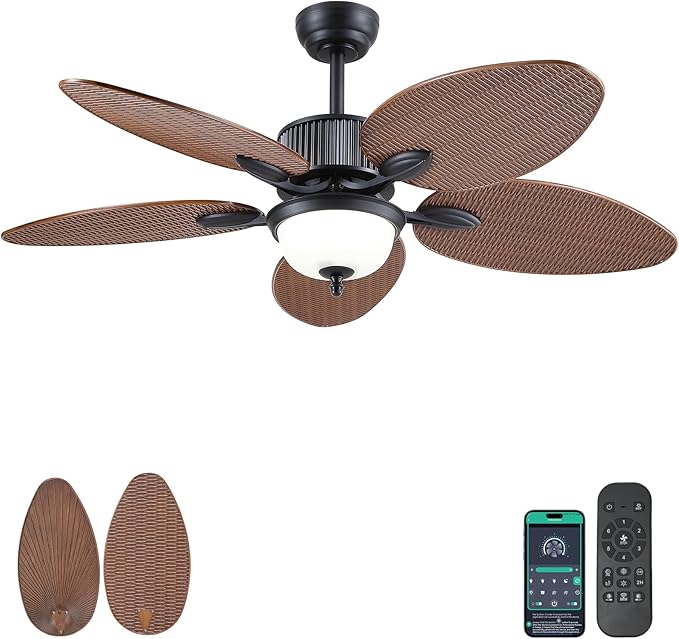 50 Inch Tropical Ceiling Fans with Lights and Remote/APP Control, Outdoor Waterproof Palm Leaf Ceiling Fan for Patios Porches, Wet Rated, Glass Lampshade, 6 Speeds, Quiet, Brown