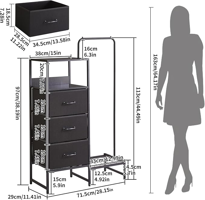 Clothes Rack with Shelves and Hanging Rod, 3 Drawers Small Coat Hanger, Reversible Clothes Rack, Black YD-TM081B
