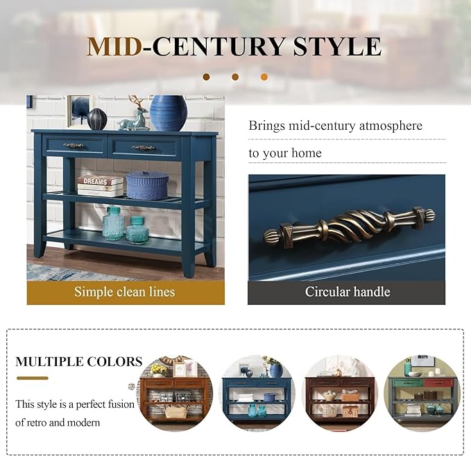 KEIKI 42”L Pine Solid Wood Entryway Console Table with 2 Storage Drawers, Mid-Century Retro Behind Couch Sofa Table with 2 Tiers Open Shelf for Hallway, Entrance, Entry Way, Living Room, Foyer