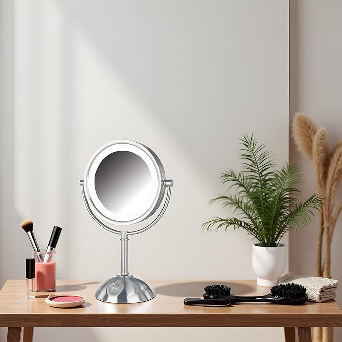 JERDON Lighted Makeup Mirror with Magnification - 1X and 8X Magnification - Nickel Finish - Model HL8808NL