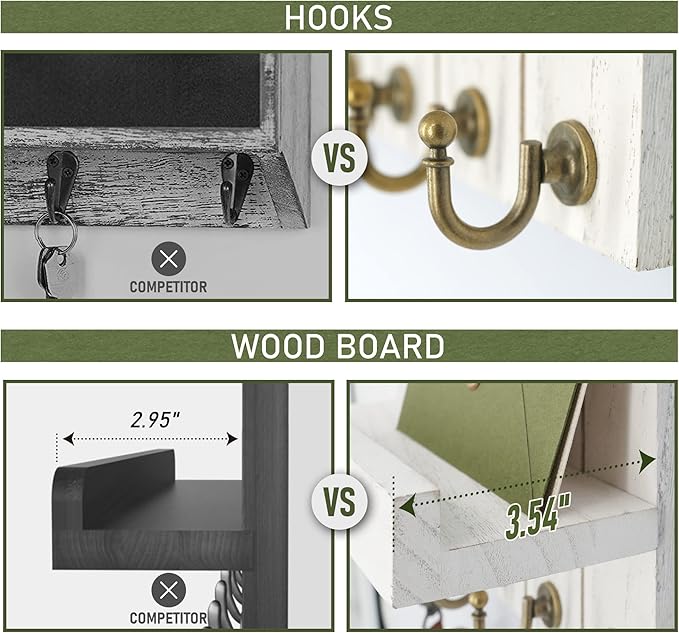 Rebee Vision Key Holder for Wall - Decorative Mail Organizer Wall Mount with 5 Key Hooks for Modern Farmhouse Apartment Essentials - Home Decor for Living Room (Rustic White, 3.54"D x 10"W x 7.28"H)