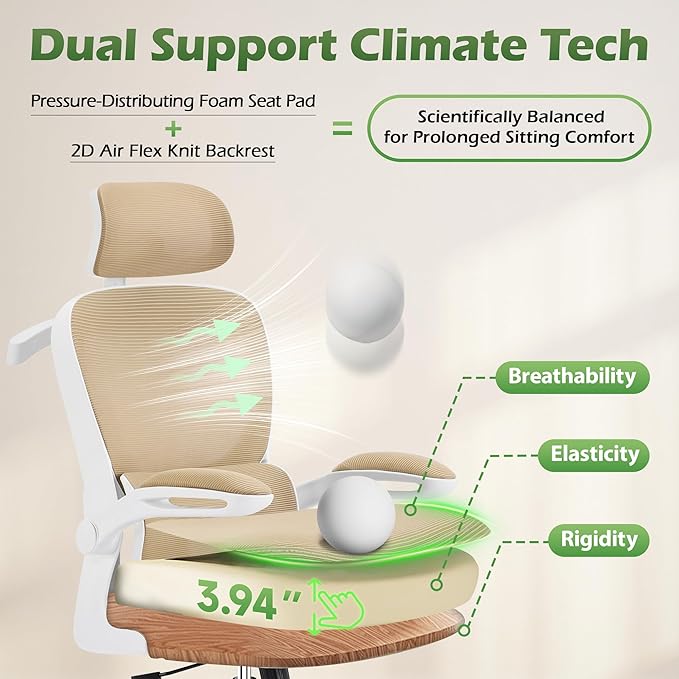 Office Chair Ergonomic Desk Chairs with Adjustable Lumbar Support& Headrest Hanger, High Back Breathable Mesh Chair with Wheels, Rolling Swivel Comfy Task Computer Chair for Home Work Gaming