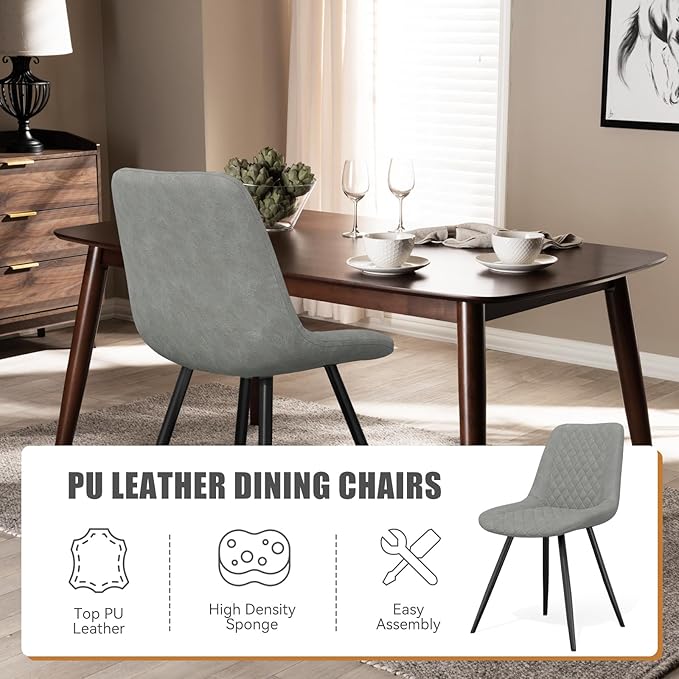 Modern Dining Chairs Set of 2, Top PU Leather Upholstered Dining Room Chairs with Metal Legs, Ergonomic Kitchen Chairs for Kitchen Dinning Room, Grey