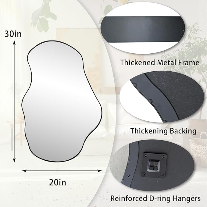 Irregular Shaped Mirror, 30"x20" Asymmetrical Mirrors with Metal Frame, Abstract Wall Mirrors Decorative, Modern Funky Mirror for Living Room Bathroom Bedroom Hallway Entryway Fireplace