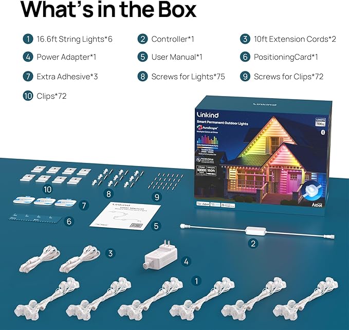 Linkind Permanent Outdoor Lights,100ft with 72 Triple-LED,AI Lighting,Smart RGBTW for Christmas Lights Outdoor,Christmas Decorations, IP67 Waterproof, Works with Alexa,Google Assistant