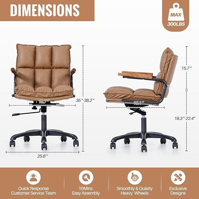 Home Office Desk Chair, Ergonomic Computer Chair with Wheels and Oak Arms, Adjustable Height Rolling Swivel Executive Task Armrests Chair, Camel Brown