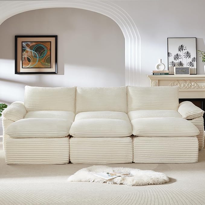 111" Cloud Sectional Couch, Corduroy Sectional Sofa with Ottoman, Boneless Couch with Deep Seat in a Box for Living Room, No Assembly Required (White)