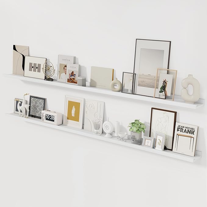 Picture Ledge Shelf, 72 inch Solid Ash Wood Floating Shelves Set of 2, Picture Ledge Ledge Wall Mounted for Living Room Kids' Room Bedroom, Color White