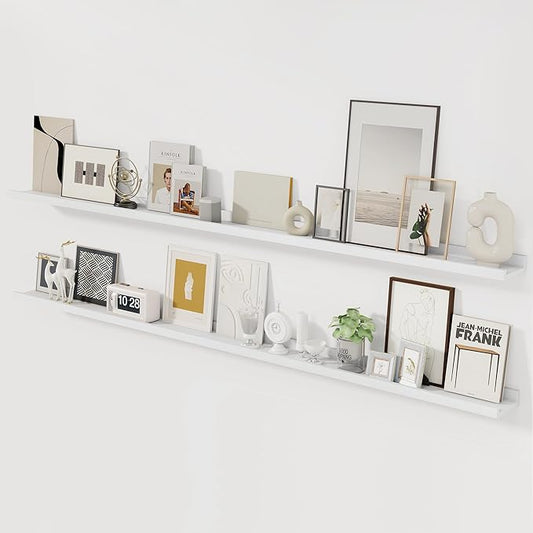 Picture Ledge Shelf, 72 inch Solid Ash Wood Floating Shelves Set of 2, Picture Ledge Ledge Wall Mounted for Living Room Kids' Room Bedroom, Color White