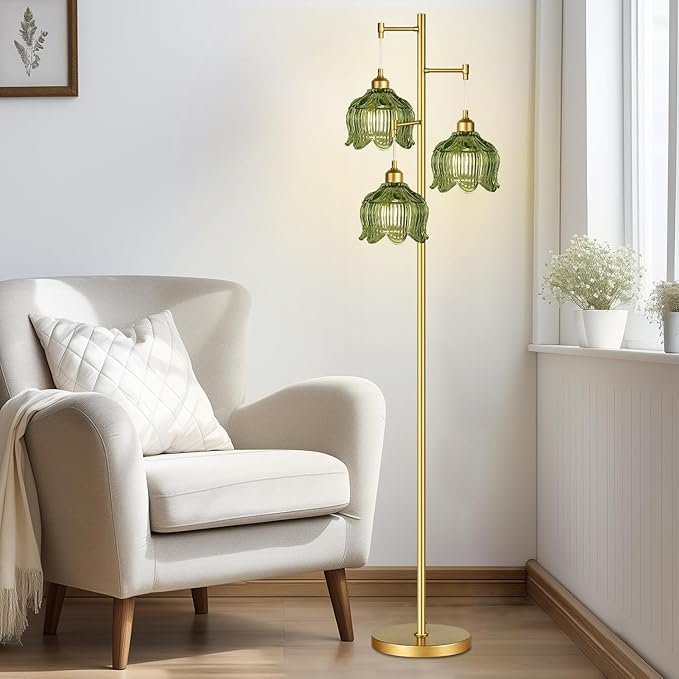 Vintage Floor Lamps for Living Room Bedroom-3 Light Gold Floor Lamp with Glass Lampshape, Flower Green Tall Lamp Mid Century Modern Standing Lamp Tree Floor Lamp for Bedroom Living Room Corner