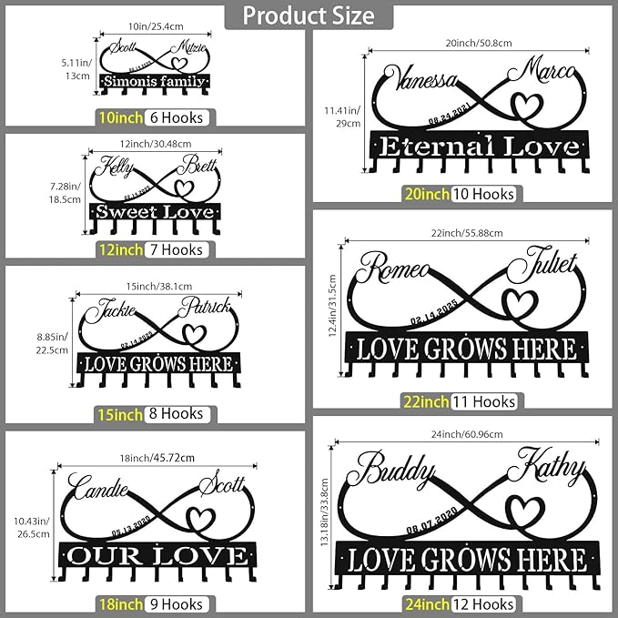 Personalized Key Hooks for Wall,Custom Couples Name Loving Heart Key Holder Wall Mounted,Fashion Coat Rack,Metal Key Hanger with Hooks,Key Rack Organizer for Entryway,Hallway,Doorway