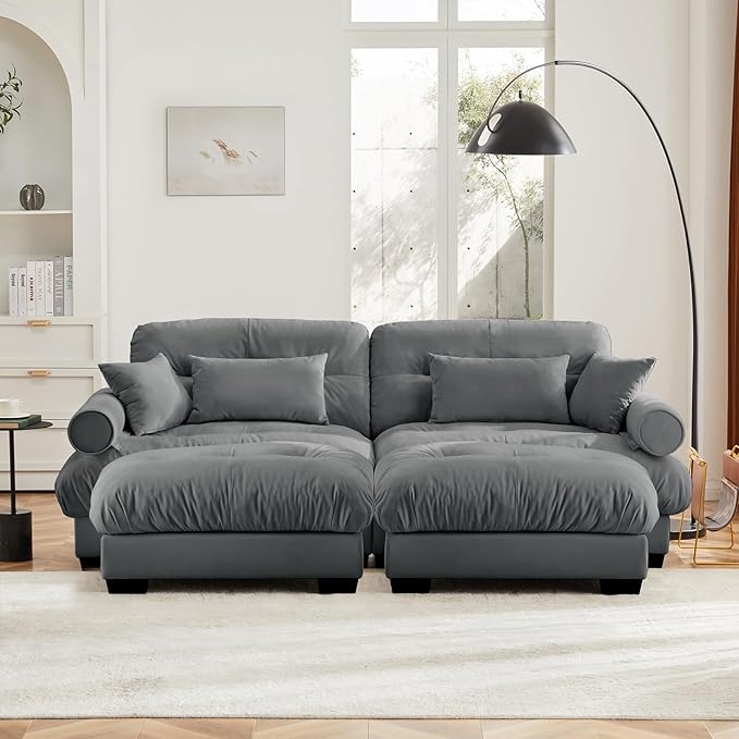 93.7” Oversized Grey Velvet Loveseat Sofa, Deep Seat 2-Seater Modular Sectional Couches for Living Room with 2 Ottoman, Cloud Home Sofas Set, Love Seat Couches