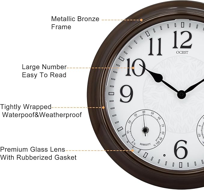 OCEST 15 Inch Illuminated Large Outdoor Clock Waterproof, Night Light Illuminated Wall Clocks with Smart LED Sensor, Temperature and Humidity Combo for Garden Patio Pool Garage (Metal)