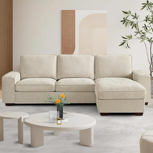 PARKOL 99" L-Shaped Sectional Couch with Storage, Sofa with Reversible Chaise, USB Type-C Charging, Chenille Fabric, Removable Cushion Covers, for Small Space, Apartment, Living Room, Beige