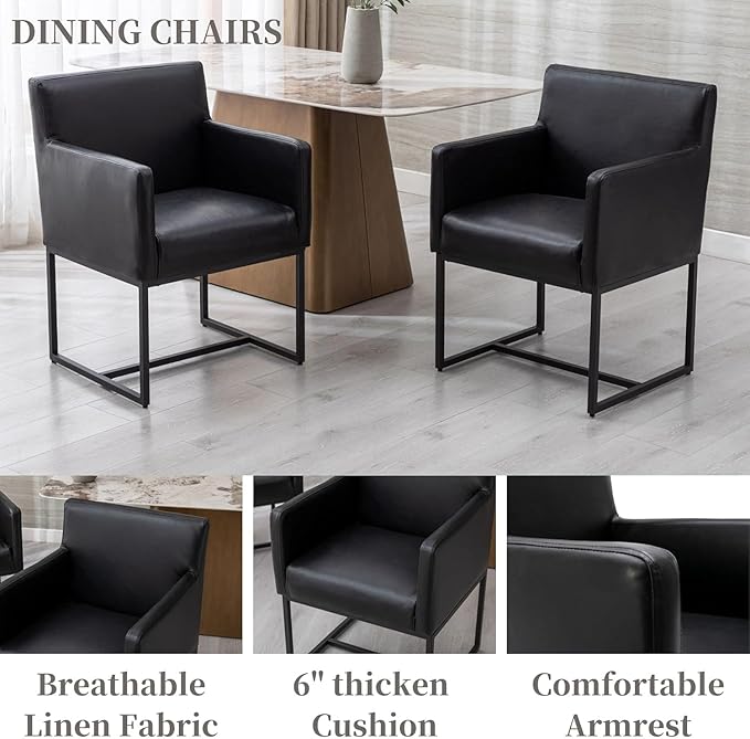 Upholstered Dining Chairs with Arms Set of 2 PU Leather Mid Century Modern Accent Chairs Armchairs with Gold Metal Frame, Modern Kitchen & Dining Room Chairs, Black