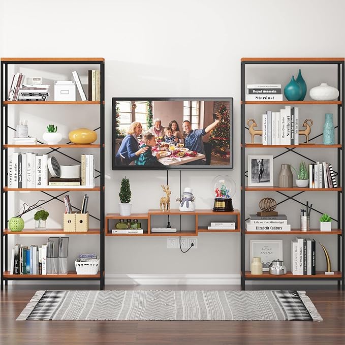 Himimi 6-Tier Bookshelf Set of 2,Tall Bookcase Industrial Wood Storage Rack with Open Book Shelves,Modern Metal Standing Organizer,Vintage Display Rack for Living Room, Office, Bedroom, Rustic Brown