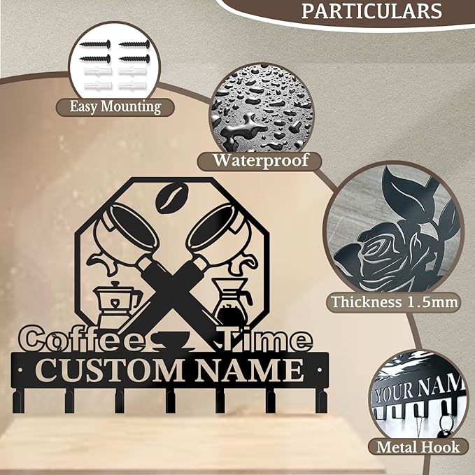 Coffee Bar Keys Holder - Metal Iron Wall Hooks with Custom Name | Personalized Home Decor & Gift Idea | Coffee-Themed Text Engraving Design (Style I)