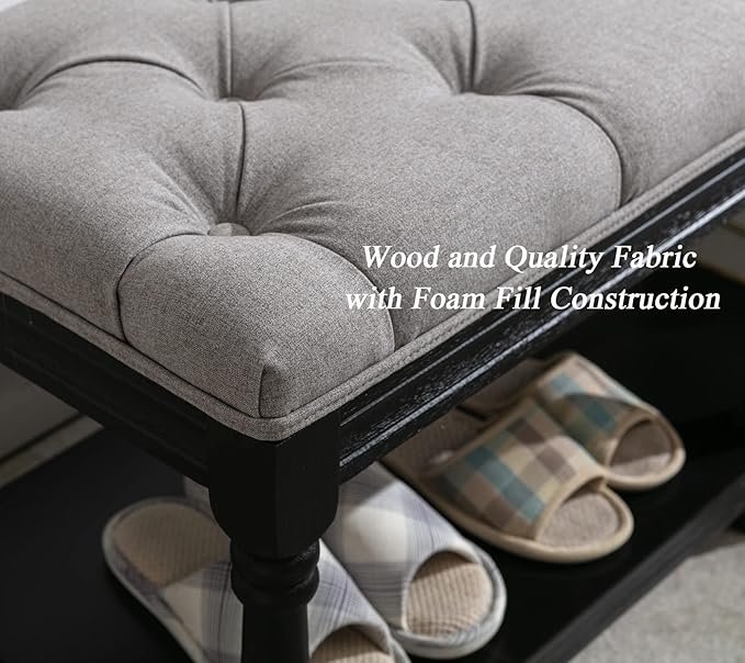 DUOMAY Mid-Century Tufted Storage Bench with Shelf, Linen Upholstered Farmhouse Entryway Shoe Bench Ottoman Bed End Stool for Bedroom Living Room Dining Room, Black Wood Frame, Grey