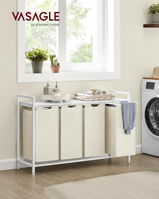 VASAGLE Laundry Hamper, Laundry Basket, Laundry Sorter with 4 Pull-Out and Removable Bags, Shelf, Metal Frame, 4 x 10.6 Gallons (40 L), 45.7 x 13 x 28.4 Inches, Cream White and Cloud White UBLH401W01