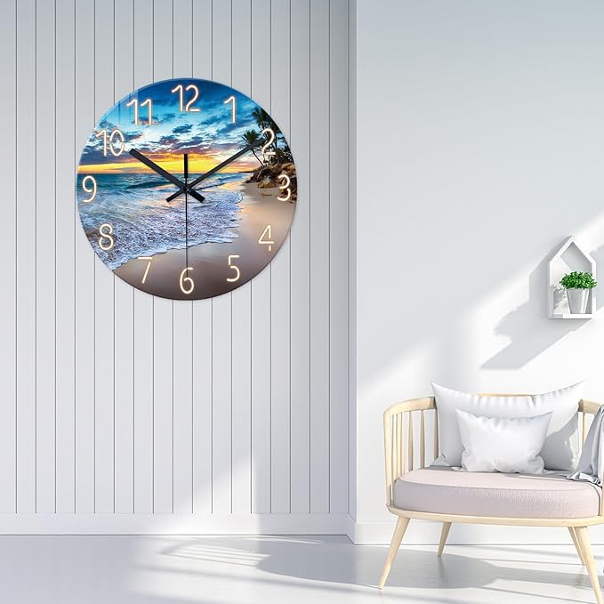 24 Inch Glass Large Wall Clocks for Living Room Decor Palm Tree Battery Wall Clock Modern Coastal Blue Wall Clock Silent