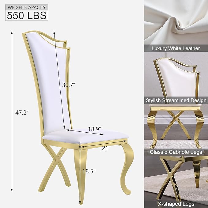 White and Gold Dining Chairs Set of 8, White PU Leather Dining Room Chair with Gold Polished Metal Legs, Glam Upholstered Kitchen Chairs for Dining Room, Kitchen, Living Room