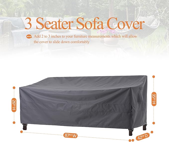 WJ-X3 Waterproof Patio Sofa Cover for 3-Seater Couch, Heavy Duty & UV Resistant, Windproof, 87" W x 42" D x 35" H, Grey