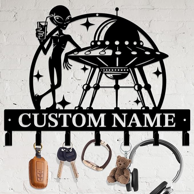 Personalized Custom Alien ET UFO Metal Wall Keys Hooks,Clothes Hooks Alien ET Art coat racks,door holder,Black Alien ET decorations for home,Entrance doors,Hallway, Bedroom,Keys,Hats (Style J)