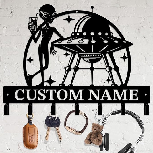 Personalized Custom Alien ET UFO Metal Wall Keys Hooks,Clothes Hooks Alien ET Art coat racks,door holder,Black Alien ET decorations for home,Entrance doors,Hallway, Bedroom,Keys,Hats (Style J)