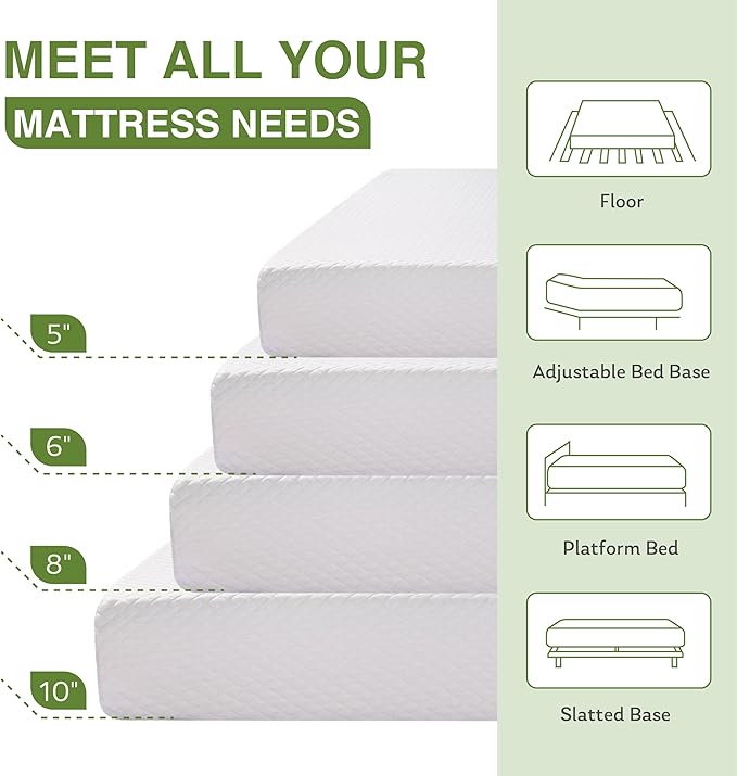 EGOHOME 12 Inch Queen Mattress, Memory Foam Mattress in a Box with Cooling Green Tea Gel, Relieve Pressure with Medium Support, CertiPUR-US Certified, 80''L x 60''W, White
