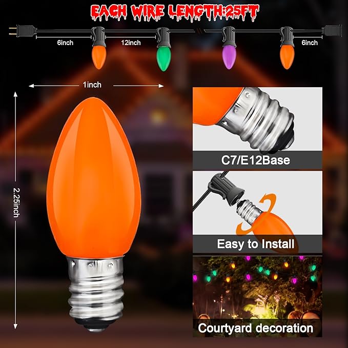 Halloween Lights, 25Ft C7 LED String Lights with Orange, Purple & Green Bulbs, Energy-Efficient, Waterproof, UL Certified for Outdoor & Indoor Halloween Yard, Porch, Patio, Garden Decorations