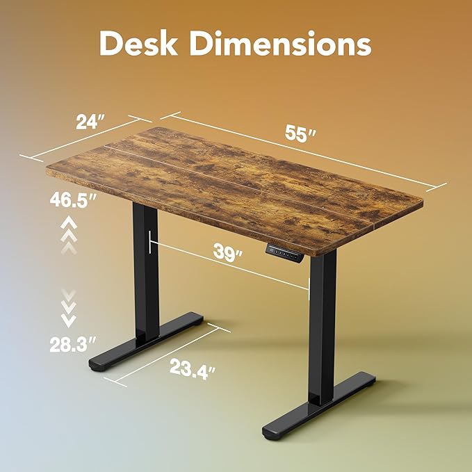 HUANUO Electric Standing Desk, 55 x 24 Inch Height Adjustable Computer Desk with Storage Bag, 4 Height Memory Settings, Sit Stand Up Desk for Home Office, Rustic Brown