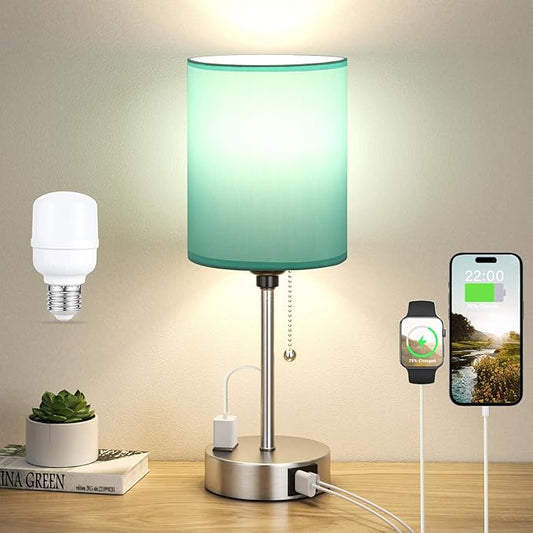 Dicoool Teal Bedside Lamp for Nightstand - 3 Color Temperature Table Lamp with USB C and A Ports, Pull Chain Lamp for Bedroom with AC Outlet, Coastal Desk Lamp with Silver Metal Base for Kids Girls