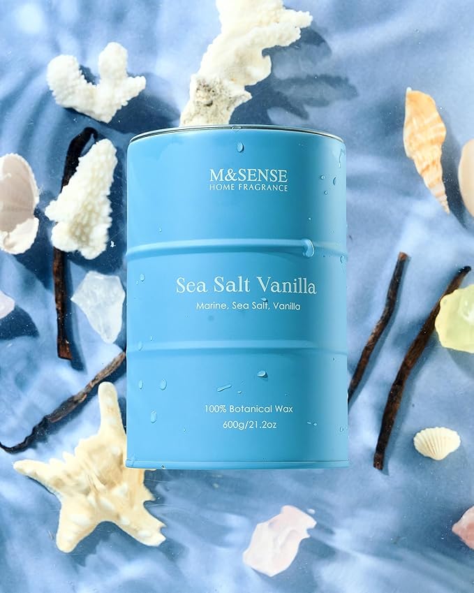 M&SENSE Sea Salt Vanilla Scented Candles Large Beach Candle, Natural Soy Summer Candles 21.2oz 120 Hour Slow Burning,Aromatherapy Candle for Stress Relief Meditation Relaxing