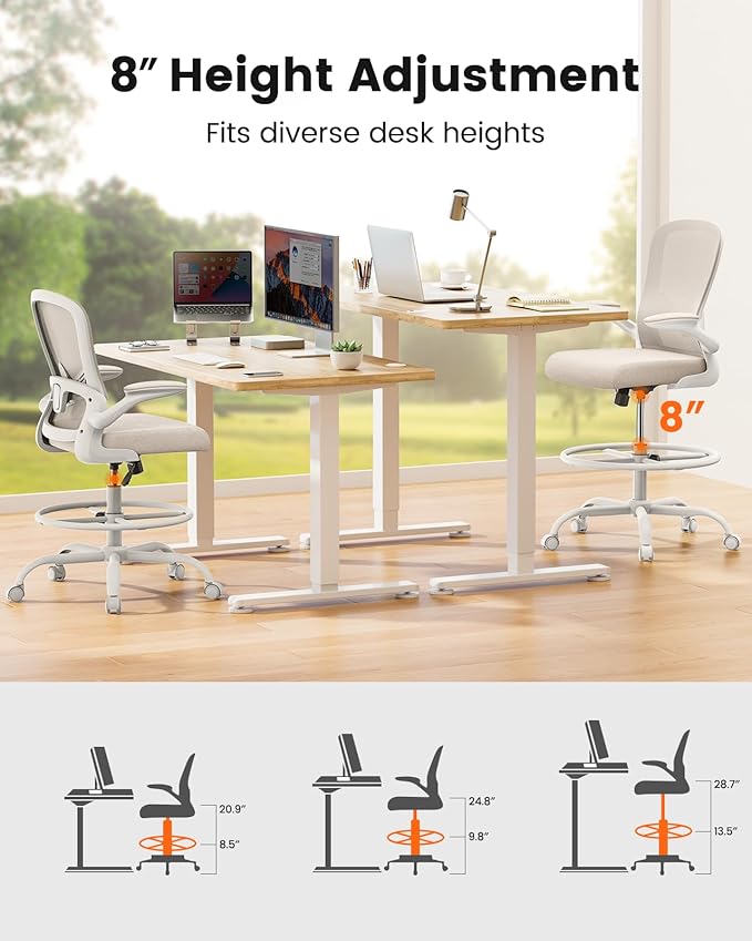 ErGear Drafting Chair,Tall Office Chair with Flip-Up Armrests, High Desk Chair Adjustable Height and Adjustable Footrest Ring, Ergonomic Standing Desk Chair with Lumbar Support, Khaki