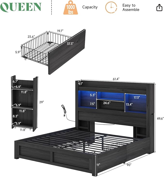 AMERLIFE Queen Bed Frame with 4 Storage Drawers, LED Bed Frame with 49.6" Tall Bookcase Headboard, Wood Platform Bed with Charging Station & 2 Slide Bedside Shelf, No Box Spring Needed/Black