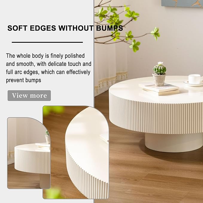 Round Coffee Table, Handcrafted Fluted Drum Coffee Tables Modern Wood Coffee Table Circle Drum Center Table for Living Room, Apartment (White Thick)