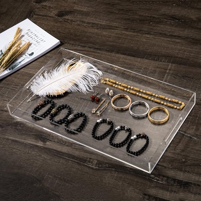 Sooyee Clear Acrylic Tray Decorative,16" x 12" Plastic Serving Trays for Coffee Table,Kitchen,Bathroom,Food,Vanity Countertop,Large Ottoman Tray with Handles