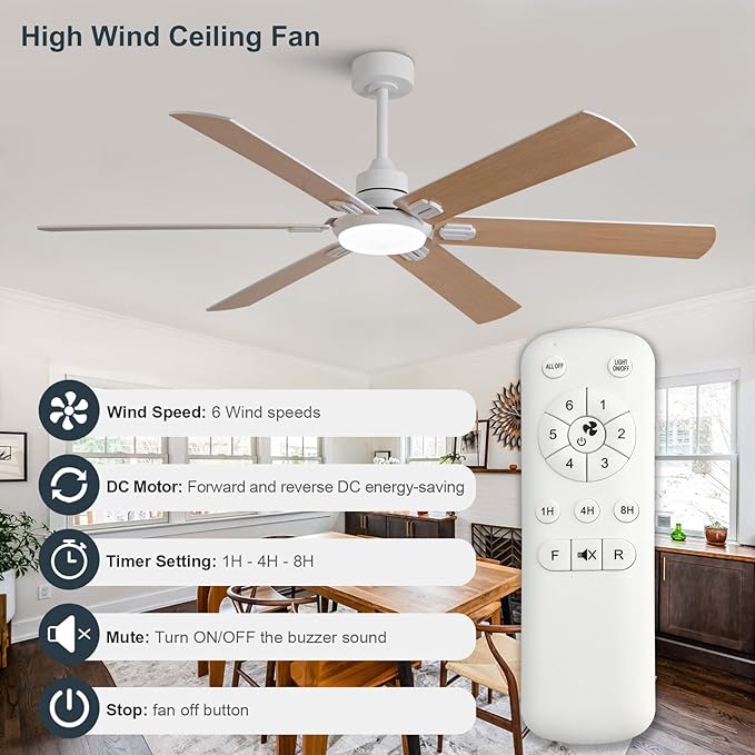BOOMJOY 60 Inch Ceiling Fans with Lights and Remote,Outdoor/Indoor Ceiling Fan with Quiet Reversible DC Motor, 6 Blades White Ceiling Fan for Living Room Patio Bedroom