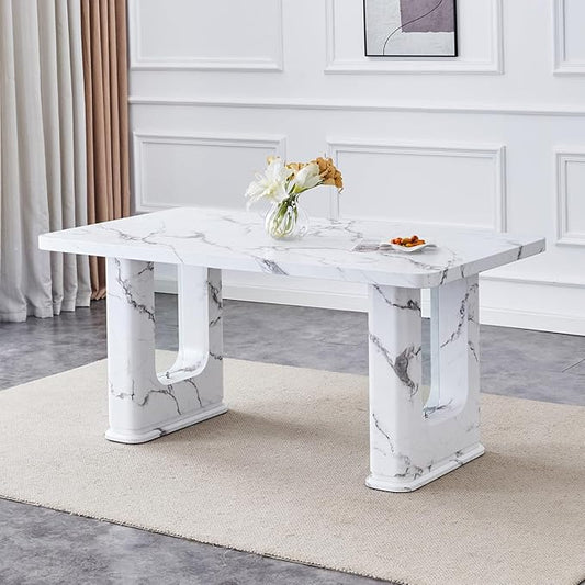 Dining Room Table for 6 - White Faux Marble Dining Table with 1.7-Inch Thick Seamless Tabletop and Dual Pedestal Base,64.5'' Mid Century Modern Dining Table Ideal for Kitchen,Home Office