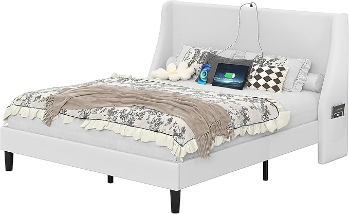 VECELO Full Bed Frame with Upholstered Wingback Headboard, Heavy-Duty Platform Bedframe with Charging Station, Wooden Slats, No Box Spring Needed, White