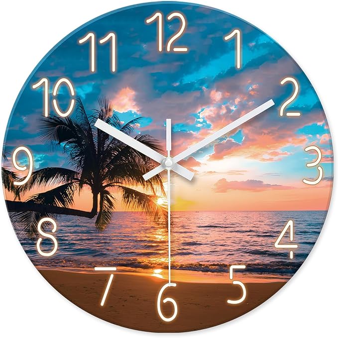 XFM Large Beach Wall Clock 24 Inch Palm Tree Silent Wall Clocks Battery Operated Sunset Glass Coastal Wall Clock for Living Room Bedroom Kitchen Office